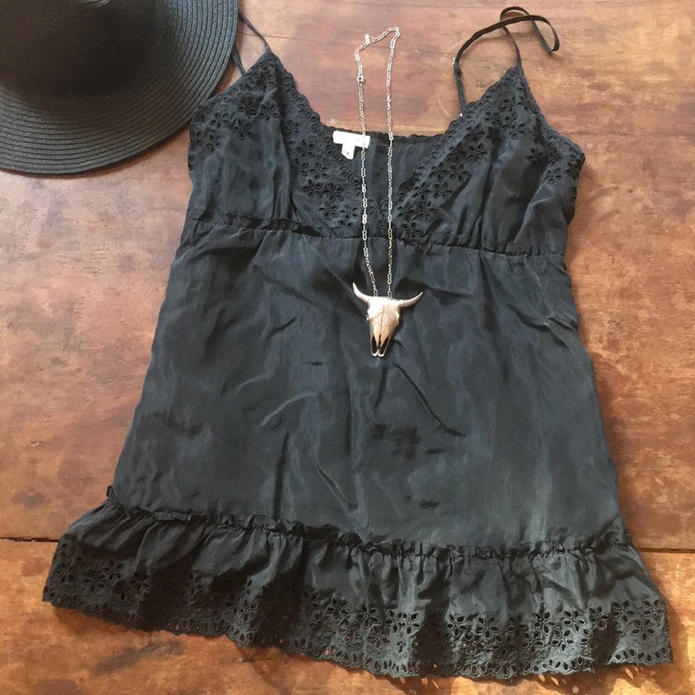 Hartford Boho Silk Floral Ruffle Eyelet Lace Trim Camisole Top